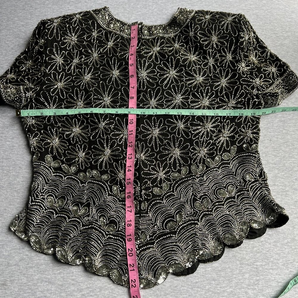 Vintage 90s Papell Boutique Evening Beaded Silk Top Womens XL Black Silver Spark - Picture 7 of 13